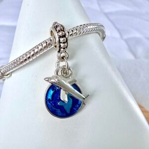 Silver & Blue Dangle Travel Charm Fits European‎ Snake Chain Bracelets